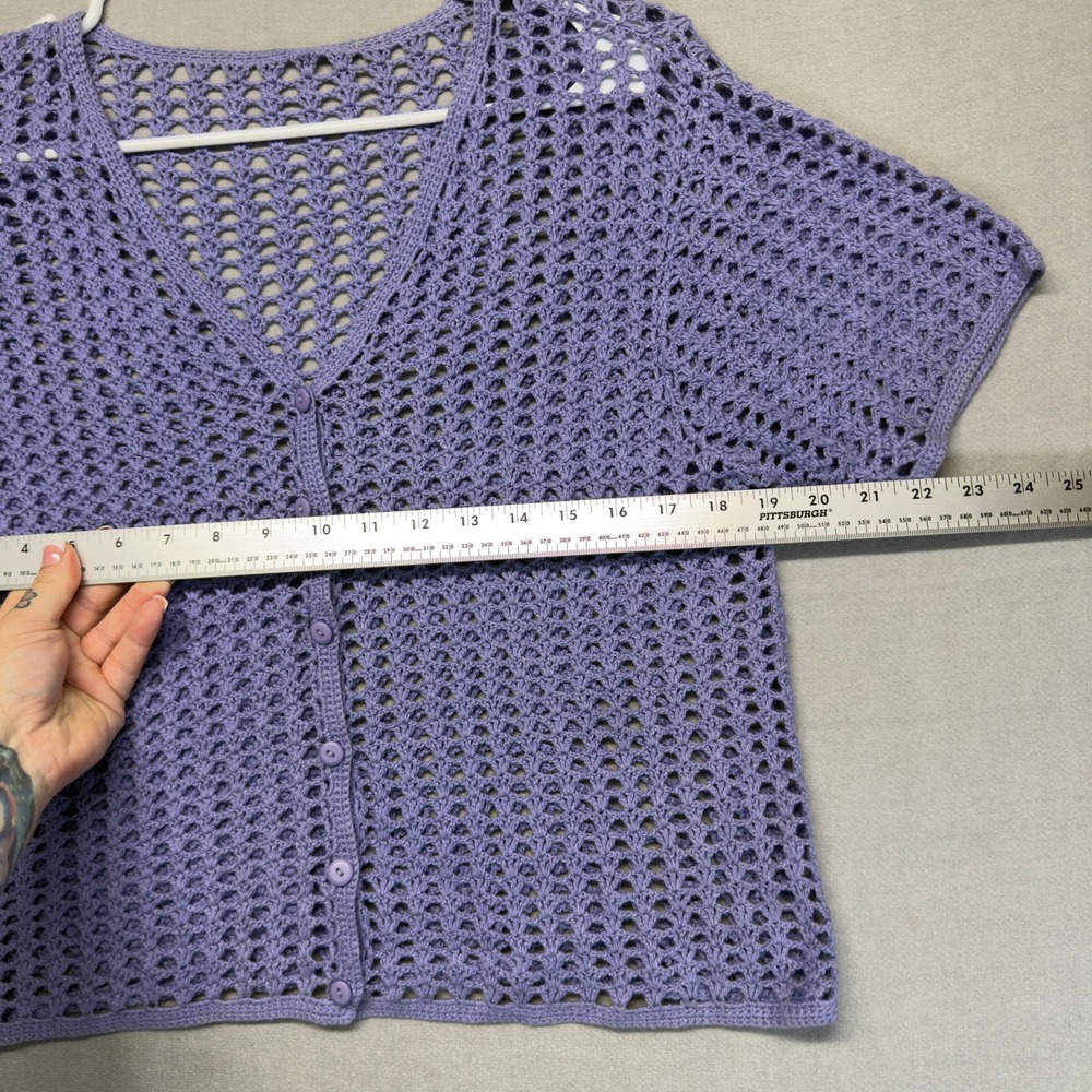 Handmade Y2K Crochet Cardigan Women Medium Purple Short Sleeve Boho Knit V-Neck - Picture 6 of 9